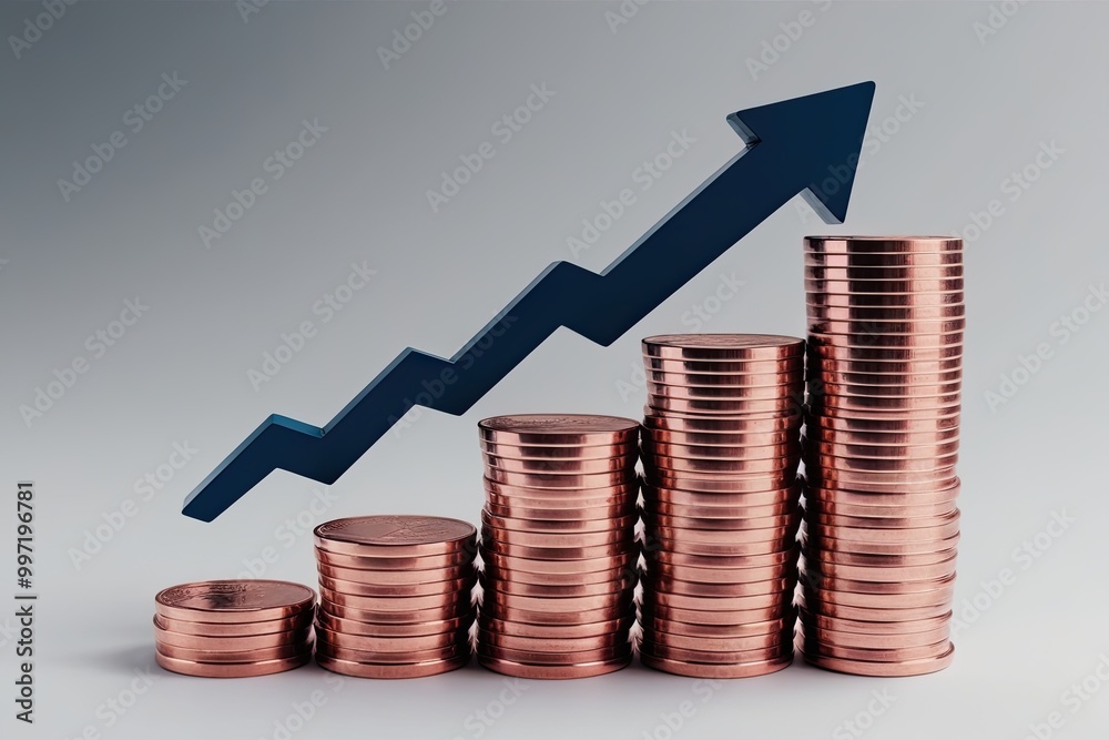 3D Vector Illustration of Stacked Copper Coins with Rising Arrow Illustrating Investment Strategies and Financial Growth