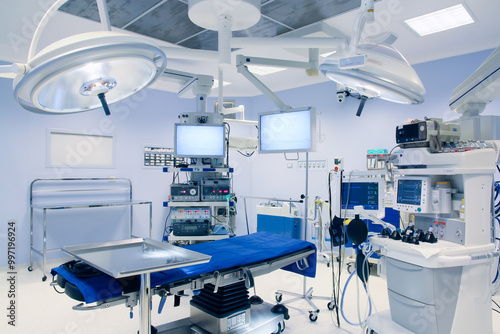 Empty hospital operating room; Operating room equipped for surgical operations. No people.