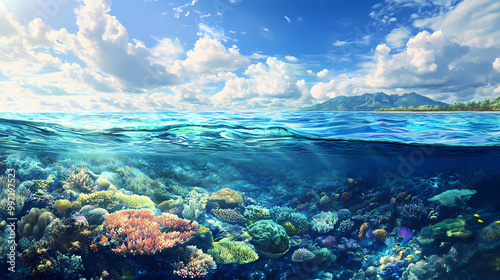 Vibrant coral reef in a clear blue ocean. Coral Atoll. Illustration