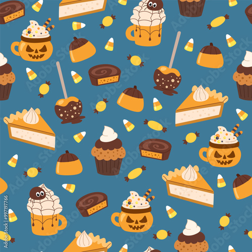 Halloween sweets seamless pattern. Halloween candies and treats background. Traditional Halloween treats.