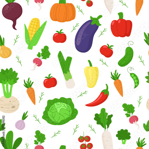 Vegetables and greens seamless cartoon pattern. Vegetarian background.