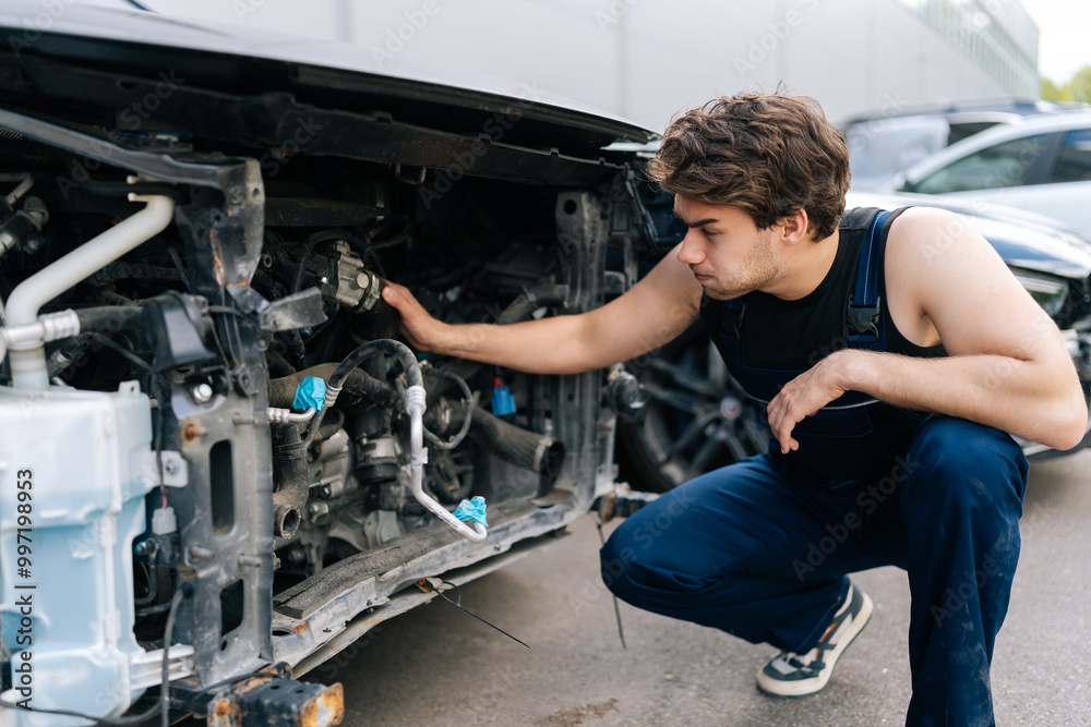 Puzzled auto mechanic repairman examining front of car without bumper, assessing plan for future work in automobile repair and renew service station. Concept of car service, repair and maintenance. Puzzled auto mechanic repairman examining front of car without bumper, assessing plan for future work in automobile repair and renew service station. Concept of car service, repair and maintenance.