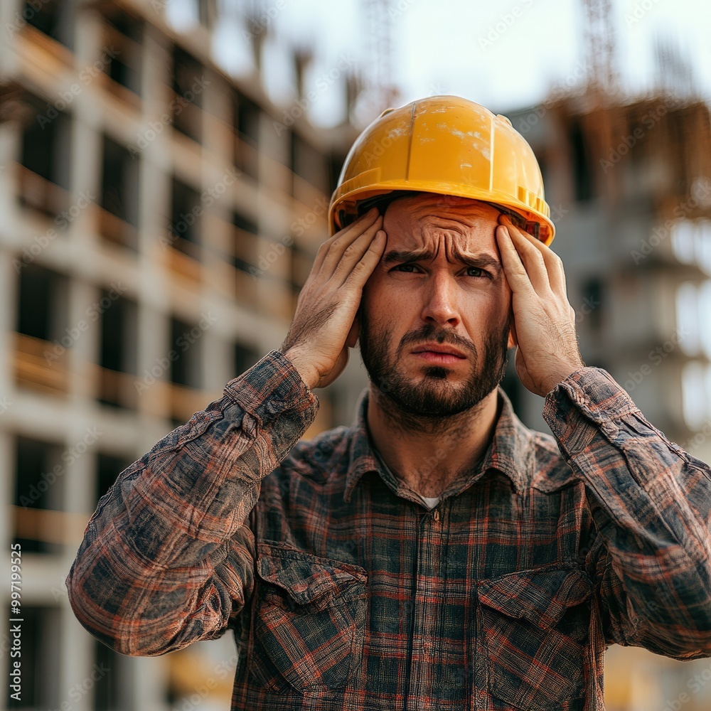 Stressed engineer sitting on construction site stairs with hands on head Stressed engineer sitting on construction site stairs with hands on head