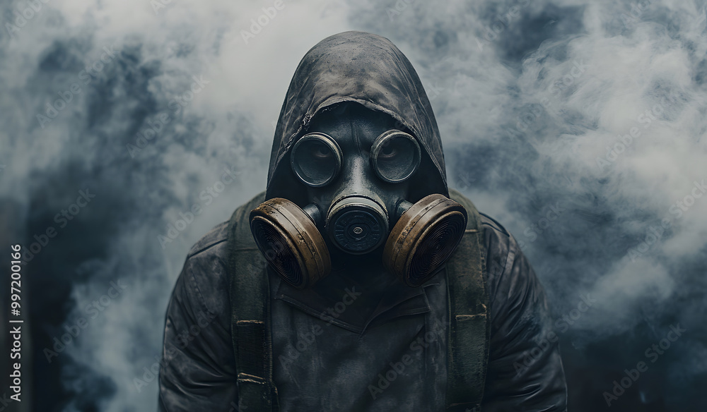 Mysterious Figure in a Gas Mask Surrounded by Dark Smoke Design Mysterious Figure in a Gas Mask Surrounded by Dark Smoke Design
