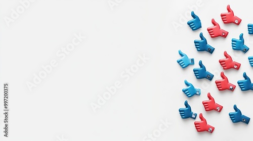 Red and blue thumbs-up Social Media icons on a minimalistic white background. AI generated image