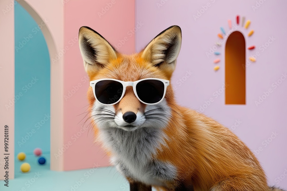Unique Fox with Sunglasses in Playful Pastel Background for Eccentric Animal Display