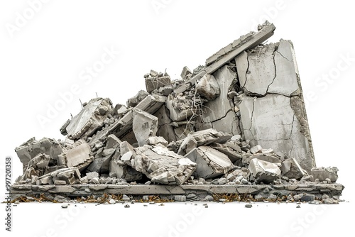 Panorama. A pile of concrete gray fragments of a destroyed building illuminated by the sun with a huge support beam in the foreground, isolated on a white background photo