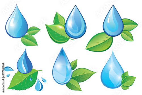 Set of shining abstract blue water drops and fresh green leaves isolated on white background. Graphic eco friendly and bio design elements, icons or logo, collection of nature objects, vector