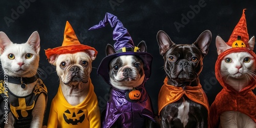Five adorable pets dressed in Halloween costumes, including cats and dogs, showcasing festive spirit against a dark backdrop