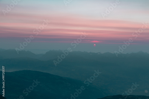 Panorama of alps. Extreme sports in mountains. High resolution photo. Ski, parasailing, climbing, alpinism. photo