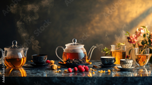 An inviting tea scene with a sleek teapot, stylish cups, and a selection of gourmet teas arranged elegantly.