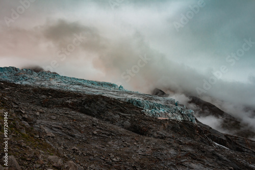 Panorama of alps. Extreme sports in mountains. High resolution photo. Ski, parasailing, climbing, alpinism.