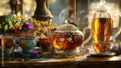 An inviting tea scene with a colorful teapot, an assortment of tea cups, and a selection of herbal teas.