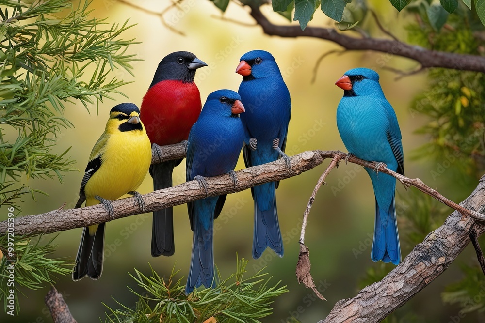 Obraz premium Colorful Group of Birds Perched on Branches in Wildlife Scene