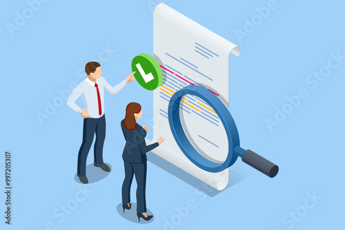 Isometric business analysis, analytics, research. Analytics and monitoring, where a business team tracks a web-based reporting dashboard and conducts data analysis for financial business planning.