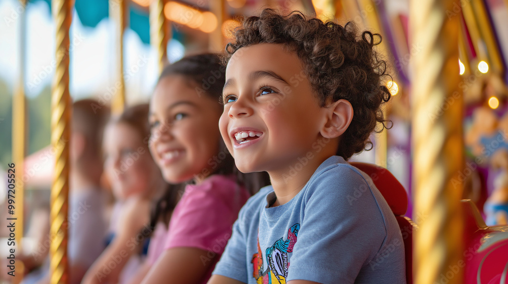 Obraz premium Group of happy children riding on a carousel, smiling and laughing as they enjoy the fun and excitement of the amusement park in the warm, sunny weather.