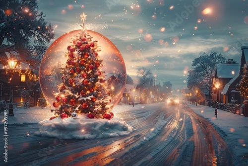 Christmas tree inside a giant snow globe with the tree decorated in glowing ornaments that float freely around it creating a mesmerizing dance of light