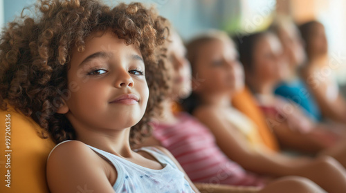 Content child sitting with family, enjoying a relaxing day at the spa, feeling calm and refreshed, surrounded by warmth and tranquility.