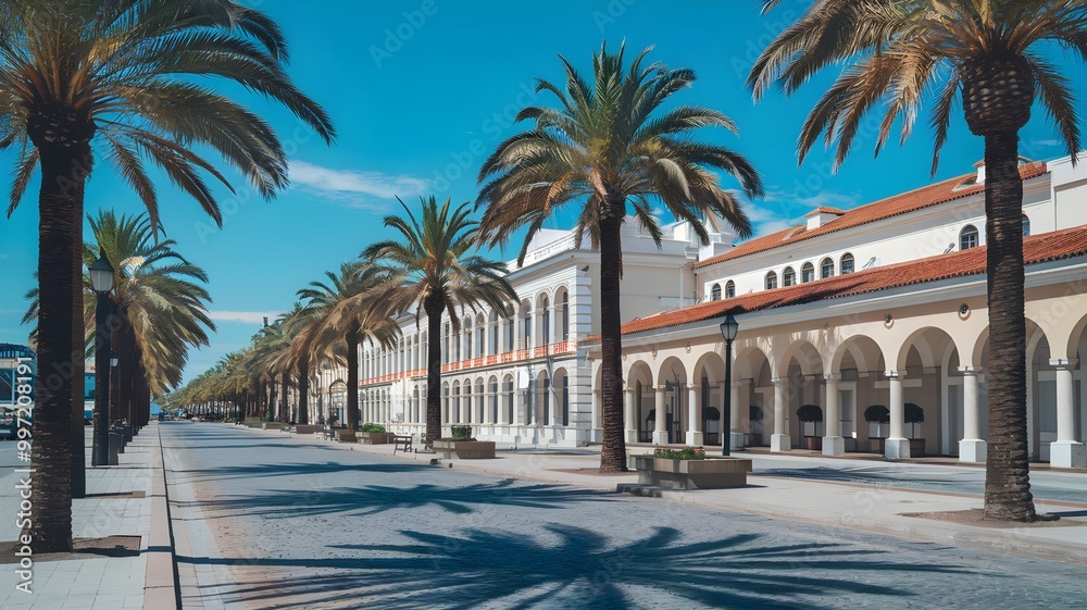Obraz premium A beautiful image of a street in a city with a clear blue sky, palm trees, and historic buildings. The street is lined with palm trees and features a mix of modern and historic buildings.
