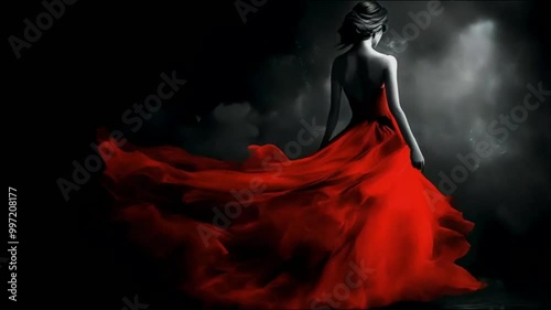Black and white video of a young beautiful slim woman in a red long dress with an open back on a black background