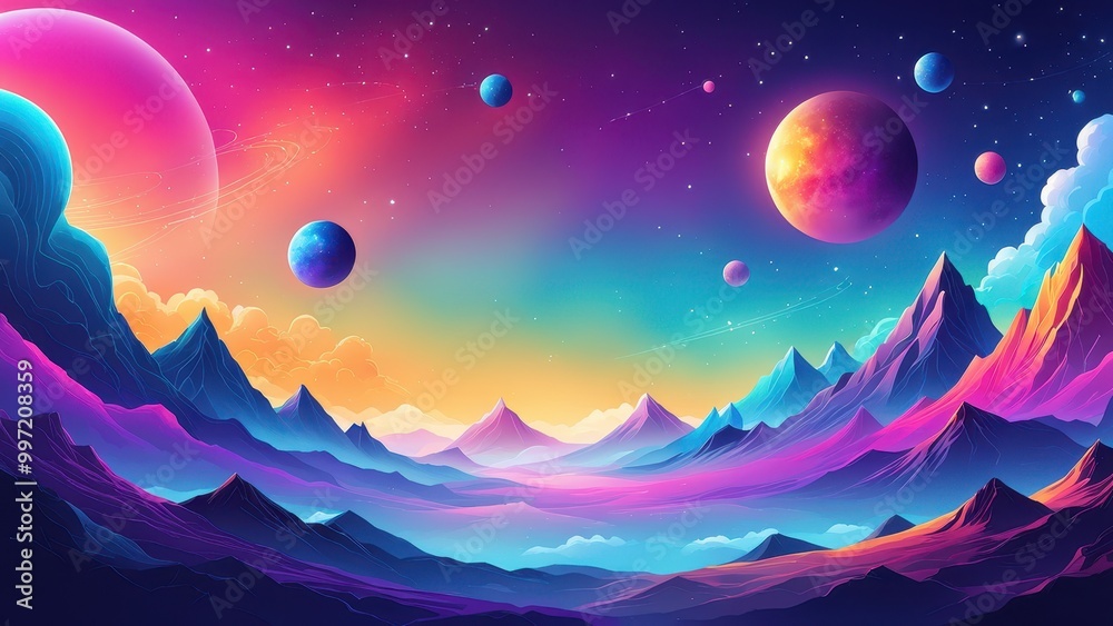 Obraz premium A vibrant cosmic landscape with colorful planets and mountains under a starry sky.