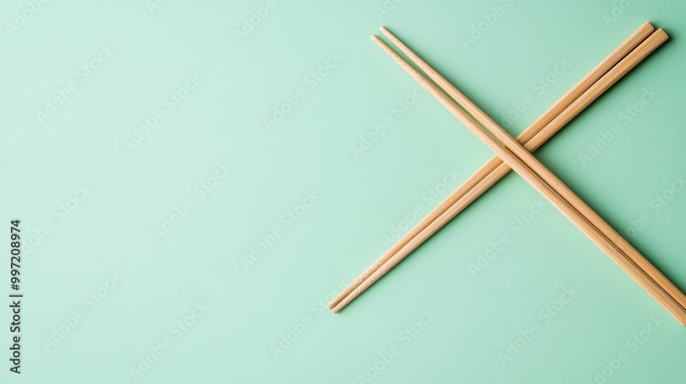 A pair of wooden chopsticks is positioned diagonally on a soft pastel green surface, showcasing simple elegance ideal for culinary presentations or Asian dining A pair of wooden chopsticks is positioned diagonally on a soft pastel green surface, showcasing simple elegance ideal for culinary presentations or Asian dining