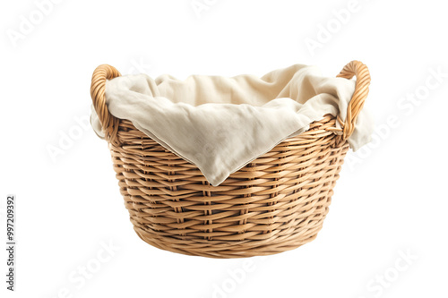 a wicker basket with a white blanket

