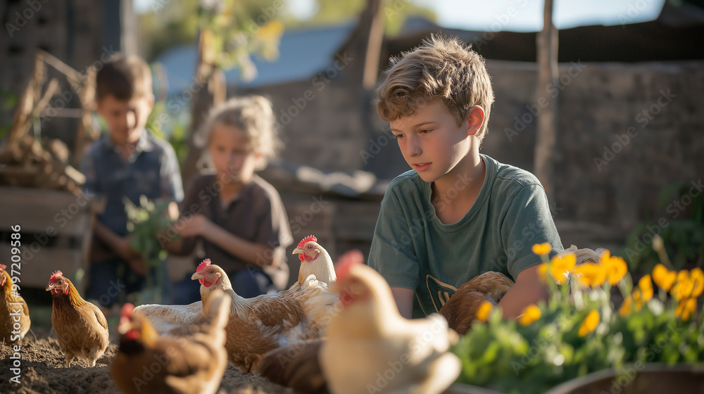 Group of children feeding animals on a farm, engaging in hands-on learning about agriculture and animal care, surrounded by nature and the peaceful farm environment.