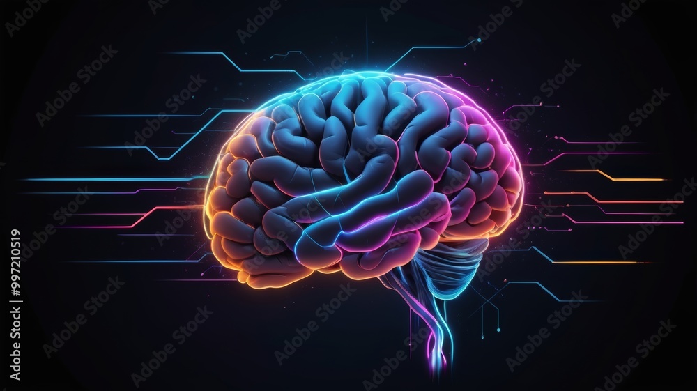 Human brain connected to digital interfaces, glowing neon data streams Human brain connected to digital interfaces, glowing neon data streams