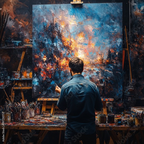 Artist painting a colorful abstract landscape with a brush in his hand, with a palette knife and tubes of paint on a wooden table.