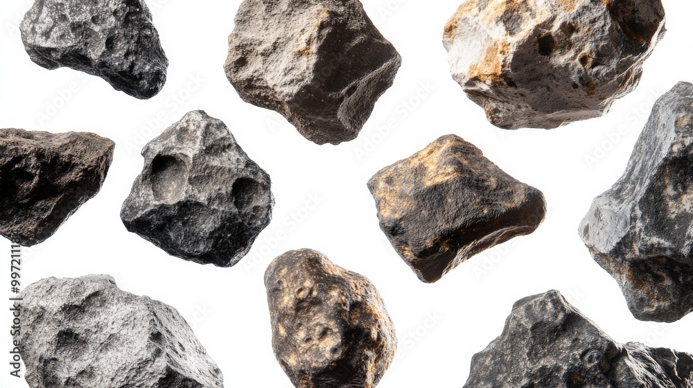 The arrangement features a variety of asteroids in different sizes, showcasing distinct rough textures against a plain white backdrop, emphasizing their natural characteristics The arrangement features a variety of asteroids in different sizes, showcasing distinct rough textures against a plain white backdrop, emphasizing their natural characteristics