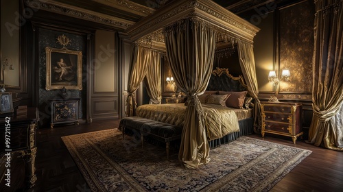 A regal guest room featuring a canopy bed with gold and velvet details, rich draperies, and soft, ambient lighting An opulent rug covers the hardwood floor