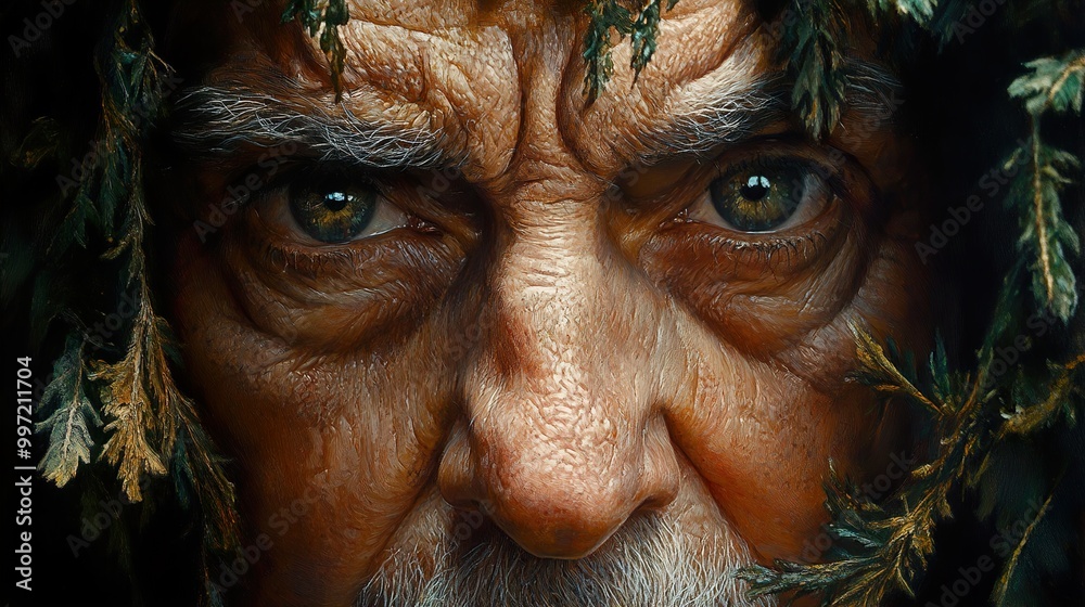 Close Up Portrait of an Old Man with Green Leaves Close Up Portrait of an Old Man with Green Leaves