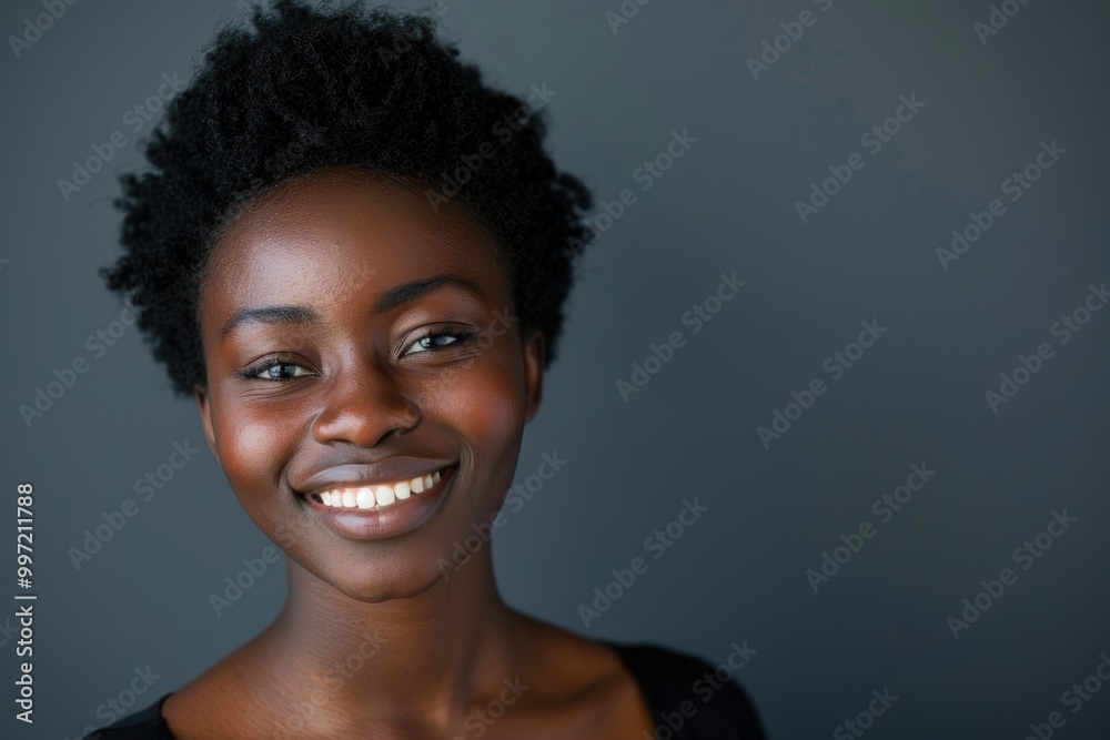 Confident and stylish young woman poses in studio with a cheerful smile against a neutral backdrop. Her portrait captures beauty and pride Confident and stylish young woman poses in studio with a cheerful smile against a neutral backdrop. Her portrait captures beauty and pride