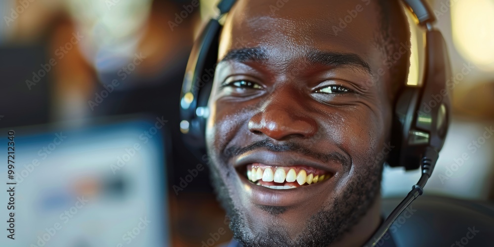 Portrait of a cheerful man in a call center, engaged in telemarketing through CRM tools. Top view of customer service and IT consultation for online commerce