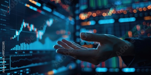 Corporate scene highlighting innovation and economic insights, featuring an empty-handed trader in a dimly lit workspace, focused on financial analysis and investment strategies