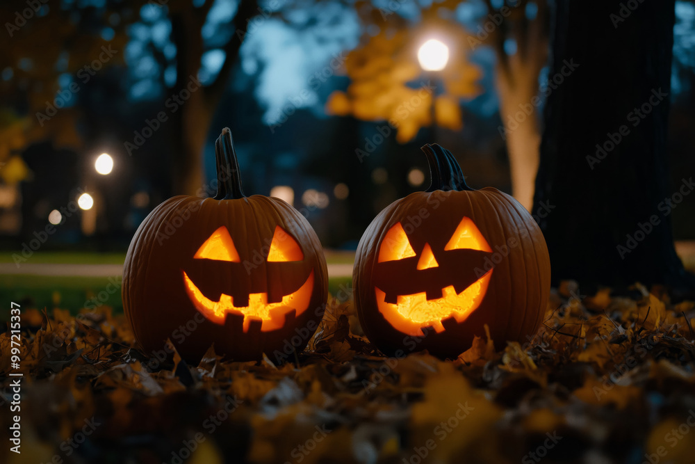 Close-up of two halloween jack-o-lantern pumpkins stacked together in a park at night Close-up of two halloween jack-o-lantern pumpkins stacked together in a park at night