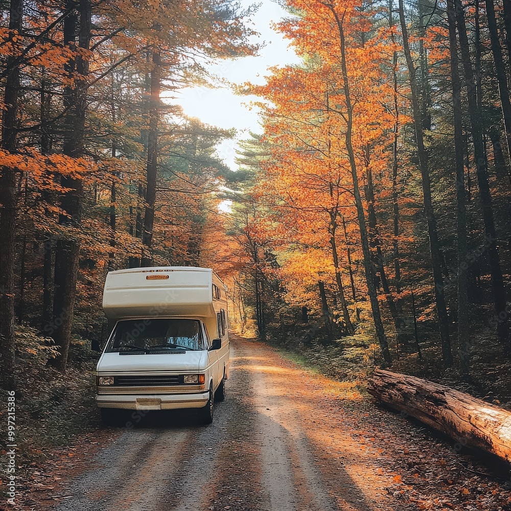 Obraz premium Travel trailer parked in an autumn forest surrounded by orange and yellow leaves
