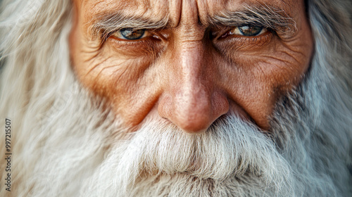 Elderly man with white beard and mustache looking at camera