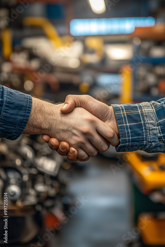 Customer and mechanic shaking hands in auto repair workshop with tools and machinery in the background