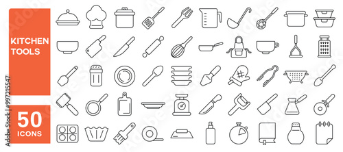 Set of 50 line icons related to kitchen tools, supplies, spoon, fork, knife, plate, glass, pot, ware, hat, spatula, whisk, brush, pan, Editable stroke. Vector illustration
