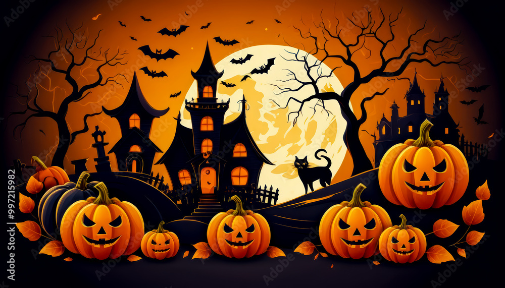 Black cat and jack-o'-lantern pumpkins with bats and Halloween decorations. Watercolor illustration with Happy Halloween text. Halloween celebration. Design for greeting card, poster, invitation Black cat and jack-o'-lantern pumpkins with bats and Halloween decorations. Watercolor illustration with Happy Halloween text. Halloween celebration. Design for greeting card, poster, invitation