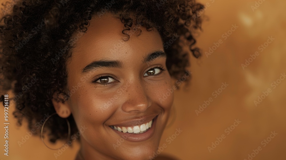 Portrait of a smiling woman in a studio setting, showcasing beauty, haircare, and skincare, emphasizing happiness and natural aesthetics against a textured background Portrait of a smiling woman in a studio setting, showcasing beauty, haircare, and skincare, emphasizing happiness and natural aesthetics against a textured background