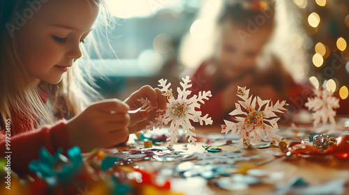 Children making Christmas snowflake ornaments during holiday craft activity