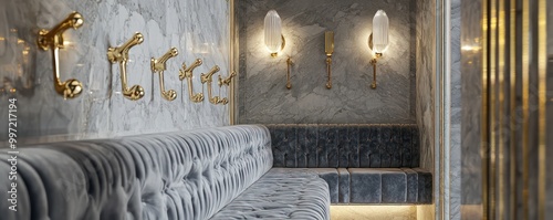 A sophisticated cloakroom with marble surfaces, gold hooks, and velvet-lined seating The design merges functionality with opulent styling for guest comfort photo