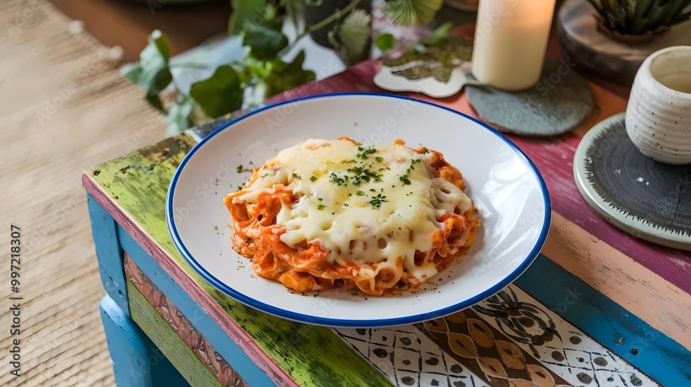 Pasta with Bubbling Cheese and Fresh Herbs on a Patterned Table with a Beige Rug Pasta with Bubbling Cheese and Fresh Herbs on a Patterned Table with a Beige Rug