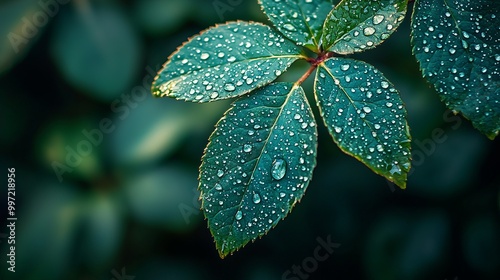 Close-up of dew drops on green leaves.