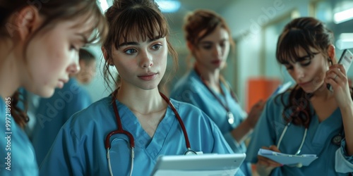 Overwhelmed healthcare professional managing stress, medical paperwork, and phone calls while dealing with burnout and time management issues among colleagues