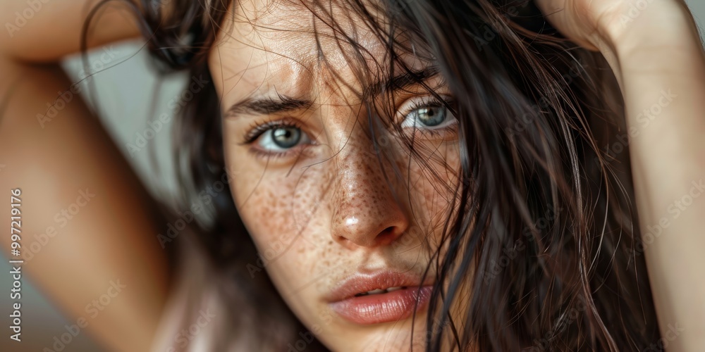 Portrait of a woman experiencing hair loss, highlighting issues of worry and anxiety against a brown backdrop. Focus on haircare challenges and scalp health concerns Portrait of a woman experiencing hair loss, highlighting issues of worry and anxiety against a brown backdrop. Focus on haircare challenges and scalp health concerns