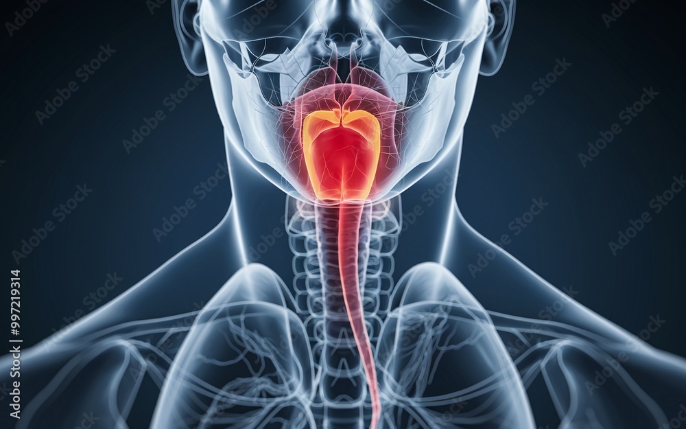 3D illustration of the human epiglottis, a flap of cartilage at the root of the tongue. 3D illustration of the human epiglottis, a flap of cartilage at the root of the tongue.